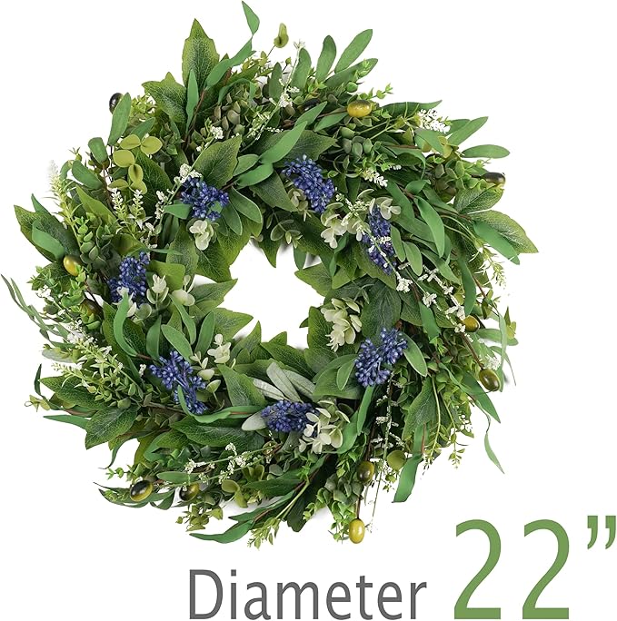 HomeKaren Wreaths for Front Door 22", Door Spring Wreath with Eucalyptus Olive Boxwood Leaves, Greenery Wreath Door Decoration for Spring Summer All Season Home and Outdoor