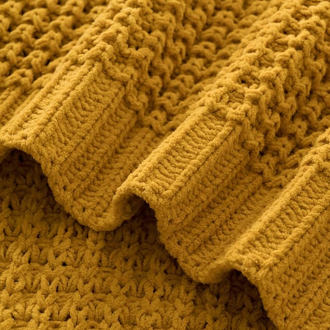 Bunnikins & Clover Knitted Waffle Throw Blanket 50x60 Inches, Mustard Yellow Throw Blanket for Couch, Soft Cozy Chenille Knit Blanket Warm Decorative Throw for Sofa