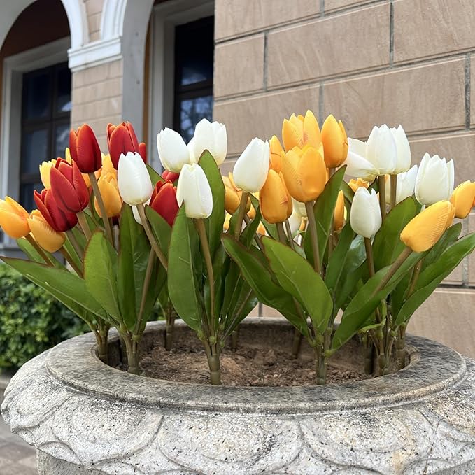 Artificial Fake Flowers for Spring Summer Outdoor Decoration,6 Bundles Shyshining Realistic UV Resistant Silk Fabric Colorful Tulip Faux Plants for outside Planter Home Porch Patio Decor(White Orange)