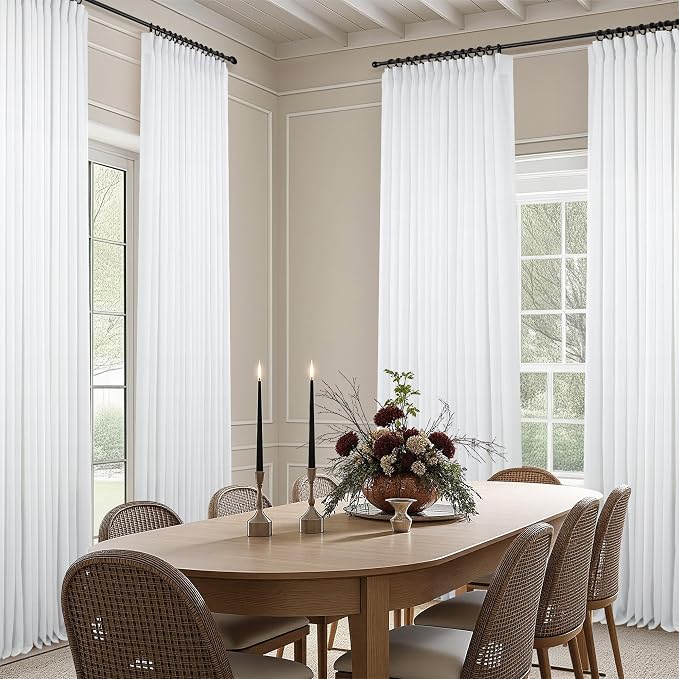 DANCURTON White Semi Sheer Linen Pleated Curtains 58 Inch Length for Living Room 2 Panels Set Modern Farmhouse Window Curtain Back Tab Pinch Pleat Light Filtering Privacy Drapes for Bedroom 40x58 Long