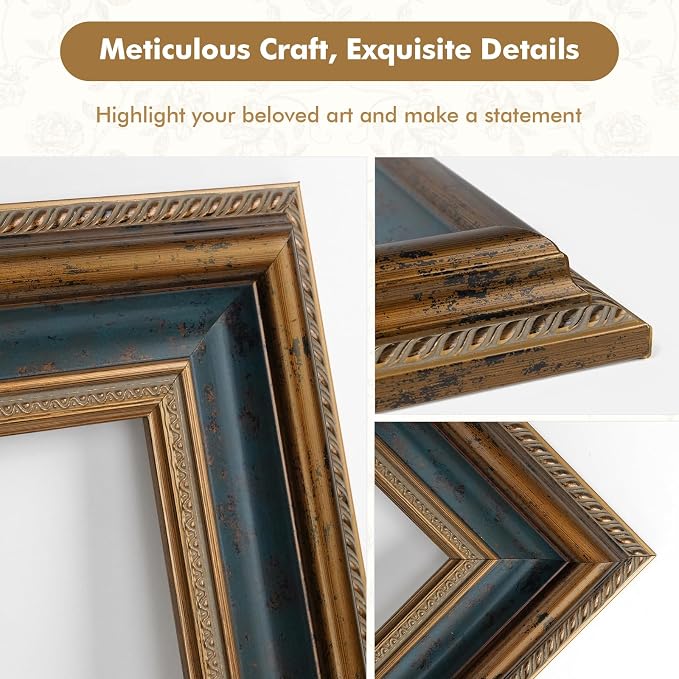 Classical DIY Wood Plein Air Frame for 20x24 Handmade Oil Paintings, 3.5" Wide Antique Sculpted Art Frame for Artists Exhibition Gallery Show Memorial Portrait, No Glass & Back (Blue Gold)