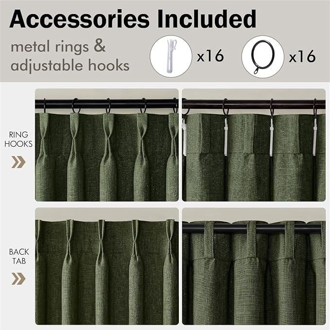 MIULEE Pinch Pleated Thick Linen Curtains 102 Inches Long 2 Panels for Living Room Bedroom, Linen Textured Drapes Pleat Back Tab Memory Trained Light Filtering Boho Loden Window Curtains with Hooks