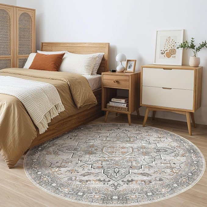 Round Rug Living Room Rugs: 8x8 Washable Boho Neutral Large Circle Soft Indoor Floral Stain Resistant Floor Farmhouse Carpet for Bedroom Nursery Kids Playroom Office Dining Room- Taupe