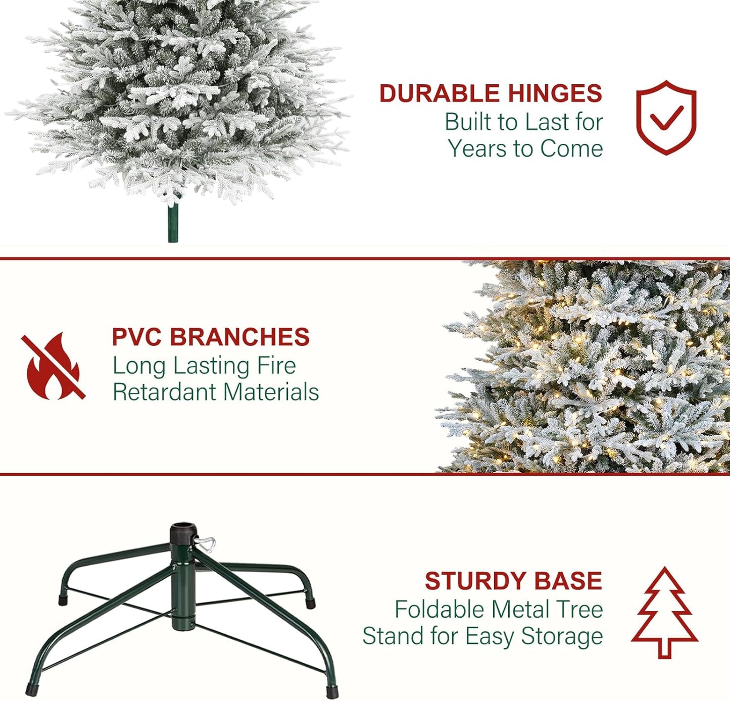 Hykolity 7.5 ft Prelit Snow Flocked Christmas Tree, 2933 PE&PVC Realistic Branch Tips, Artificial Twinkling Christmas Tree with 450 Warm White LED Lights, Metal Stand and Hinged Branches