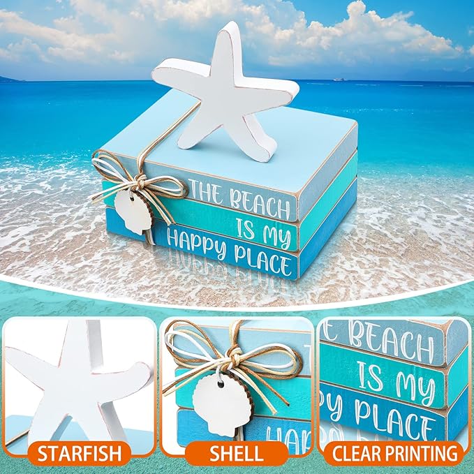 Pinkunn 4 Pcs Beach Themed Room Decor, Blue Starfish Seashell Coastal Block Wooden Block Beachy Centerpiece Decorative Signs & Plaques for Summer Home Office Desk Shelf Home