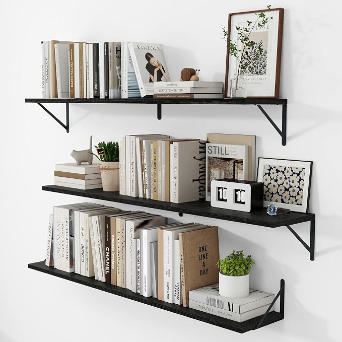 Vivelove Black Deep Floating Shelves for Wall, 48W x 8D Wood Wall Shelves Set of 3, Wide Floating Bookshelf for Living Room, Kitchen, Office, Bedroom and Decor Storage, with Metal Bracket - Black