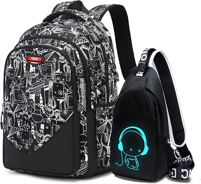 Asge Large Nylon Backpacks for Boys & Girls, Waterproof Satchel with Print, School Bags for 8-16 Years