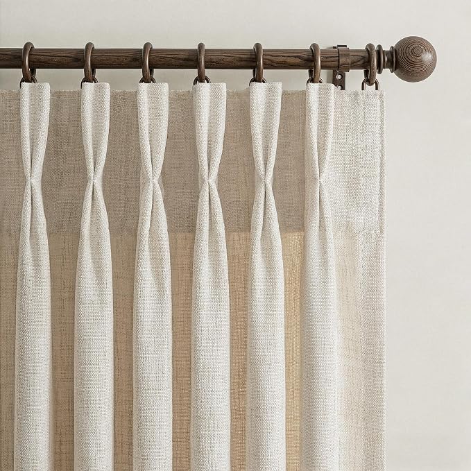 Natural Linen Pleated Curtains 86 Inches Long for Patio Sliding Glass Door, Memory Shape Light Filtering Semi Sheer Window Drapes Non See Through Rustic Curtain 50 Inch Wide 2 Panels Set with Back Tab