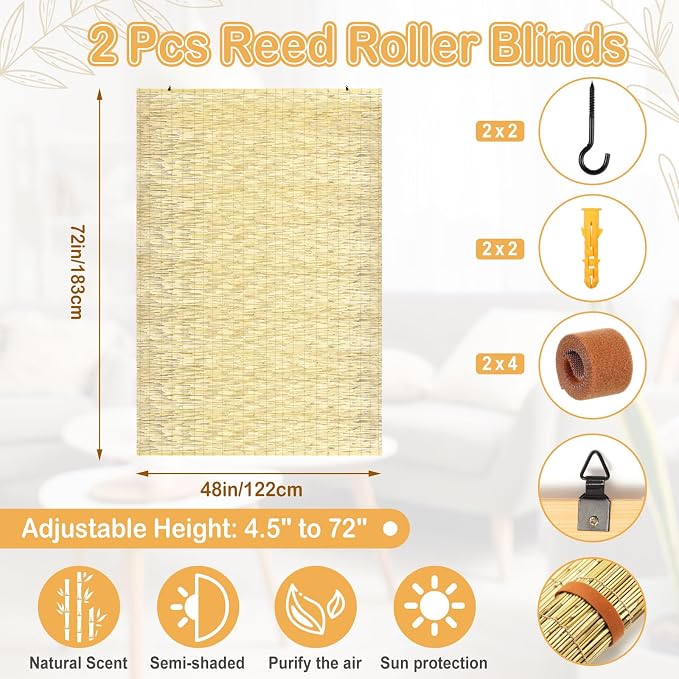 DoubleFill 2 Pcs Bamboo Shades Outdoor Reed Roll up Blinds 48" W x 72" H Blackout Sunshade Cordless Bamboo Blinds for Home Porch, Patio & Windows Decor Shutters Sunlight Privacy Screen(Natural)