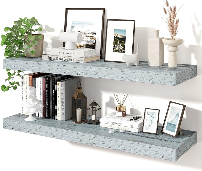 Axeman 36Inch Floating Shelves for Wall, 2 Pack Shelves for Bedroom, Bathroom, Kitchen, Hanging Wall Mounted Rustic Wood Shelf with Invisible Brackets for Books Decor, Rustic Blue