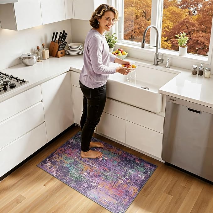 RELEANY Washable Area Rugs 2'x3' Non-Slip Modern Abstract Soft for Living Room Entryway Bedroom Nursery, Print Pattern, Purple Orange Blue Green Rust Red Colorful