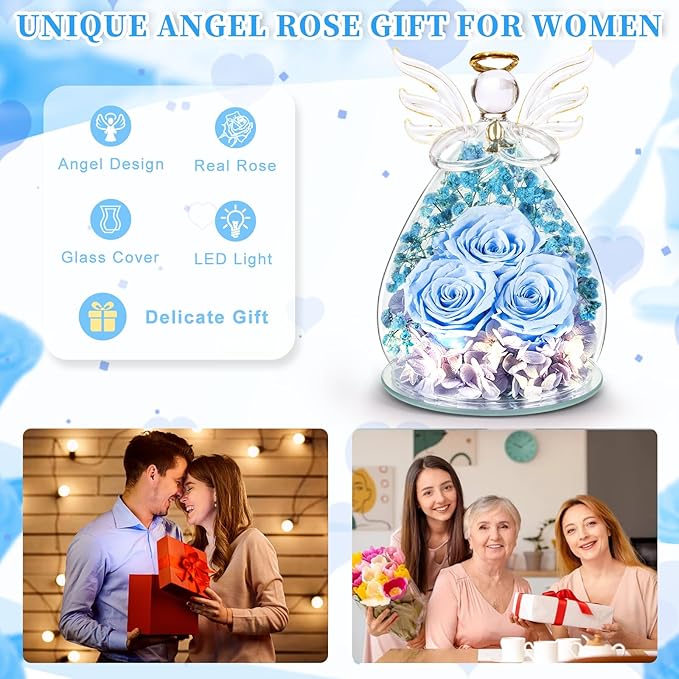 Beferr Mothers Day Mom Birthday Gifts for Women, Fresh Flowers for Delivery Forever Preserved Rose in Glass Angel Figurine, Anniversary Christian Real Rose for Grandma Nana Wife Mum from Daughter Son