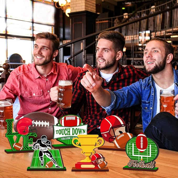 Cinnvoice 6 Pcs Football Table Decorations Wooden Table Centerpieces Rustic Wood Tabletop Sign Decorations for Home Kitchen Office Farmhouse Desk Shelves Party Tiered Tray Decor