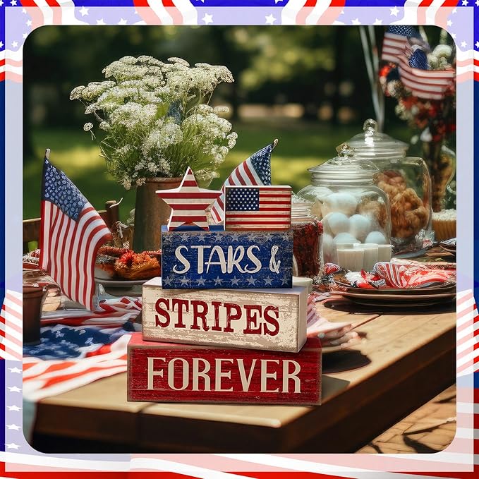 CroBlissful 5 Pcs 4th of July Decorations Patriotic Memorial Day Tabletop Decoration Forever Red White Blue Table Centerpieces Sign for Office Tiered Tray Home Shelf 250th Anniversary