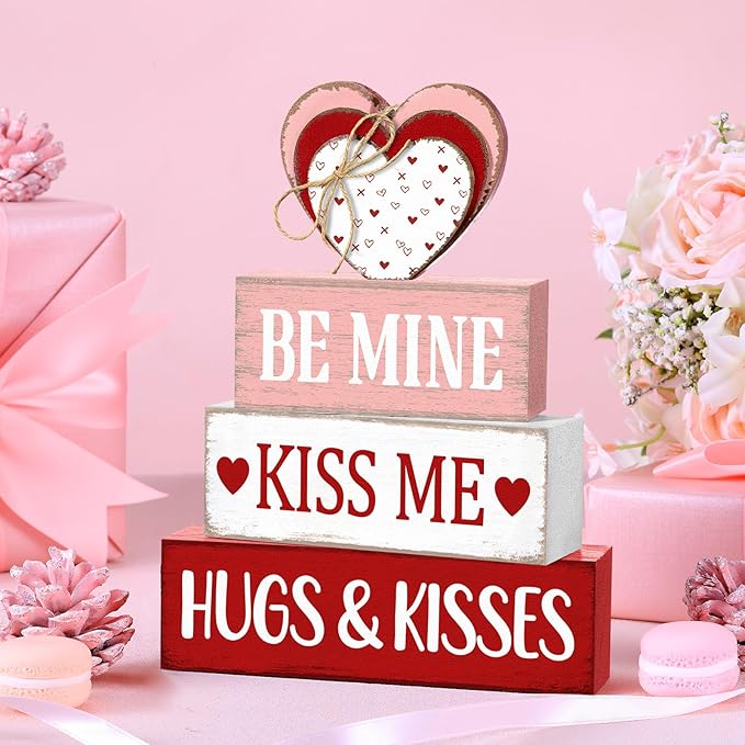 Marsui 4 Pcs Valentine's Day Decorations for Home Heart Table Decor Rustic Distressed Wooden Signs Valentines Centerpieces Blocks Farmhouse Valentines Tiered Tray Decor for Desk Shelf Mantel Indoor