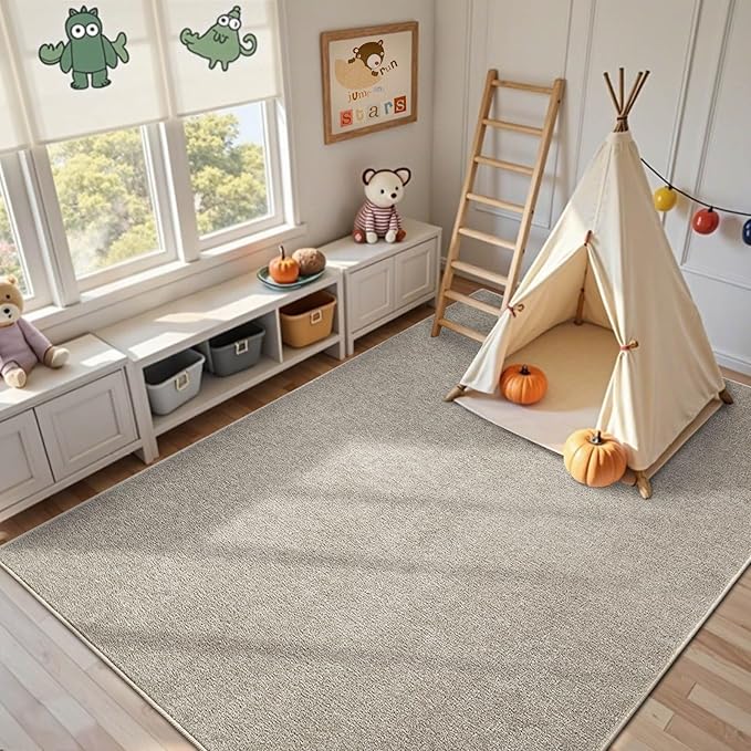 FinRèc 6x9 Washable Area Rugs for Bedroom Living Room, Low Pile Thin Rug Solid Color, Non-Slip Carpet Indoor for Home Decor (Greige)