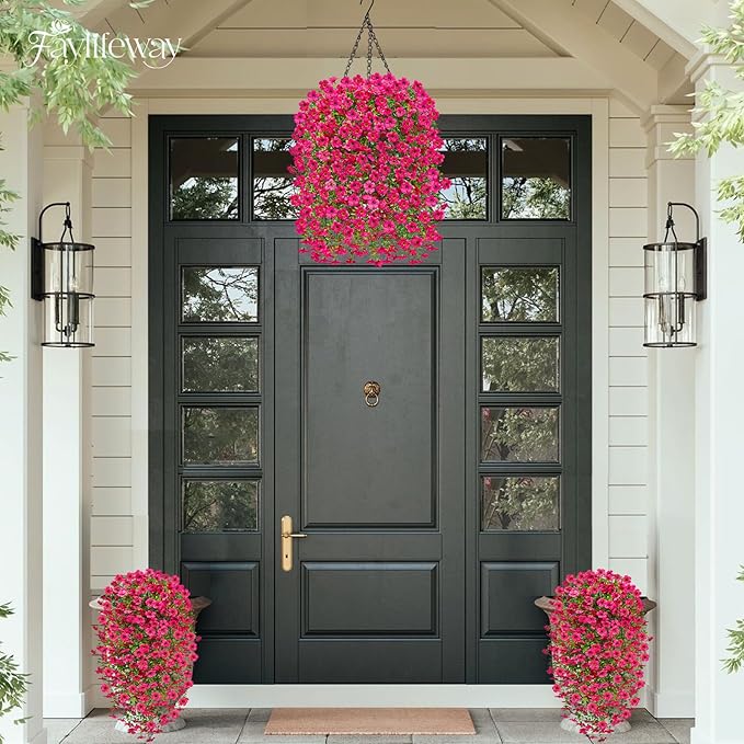 Artificial Hanging Flowers for Outdoors Spring Summer Decoration, 4PCS UV Resistant Silk Fake Hanging Plants for Patio Porch Front Yard Window Garden Indoor Decor(Hot Pink,8PCS)
