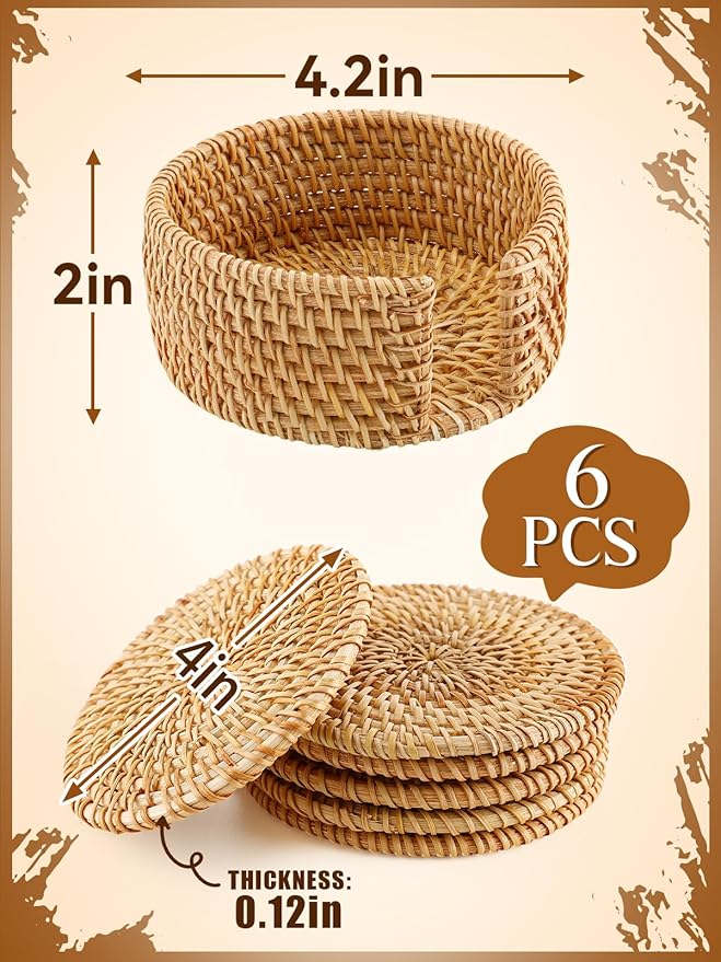 6pcs Natural Handmade Rattan Coasters with Holder - Wicker Drink Coasters Set for Protecting Table, Housewarming Gifts Boho Home Coastal Decor