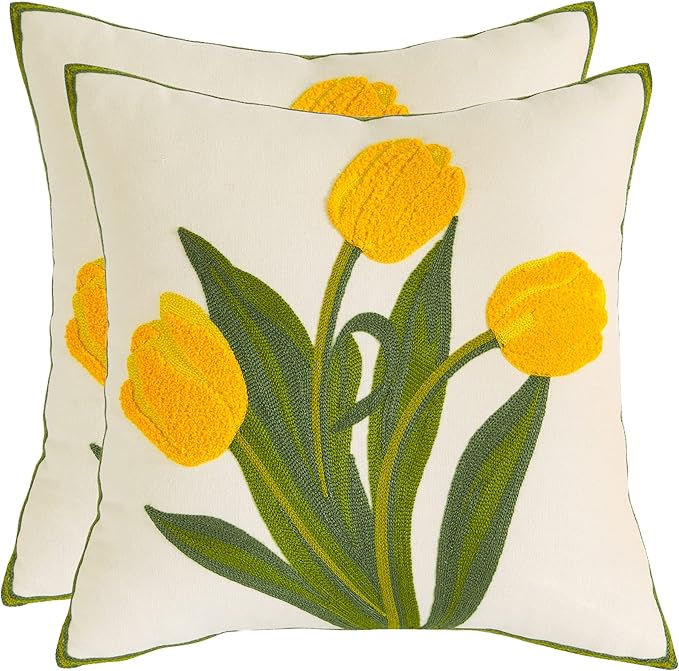 Yellow Tulip Pillow Covers 18x18 Pack of 2 Embroidery Throw Pillow Covers Spring Summer Decor Pillow Cases for Couch Cotton Canvas Cushion Cover Square Farmhouse Floral Pillow Case