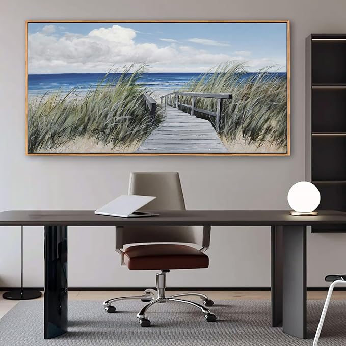 Coastal Wall Art for Living Room - Vintage Farmhouse Landscape Artwork for Walls, Framed Blue Seascape Canvas Decor, Beach Pictures for Bedroom, Ocean Wall Decor Home Decorations 29×58IN