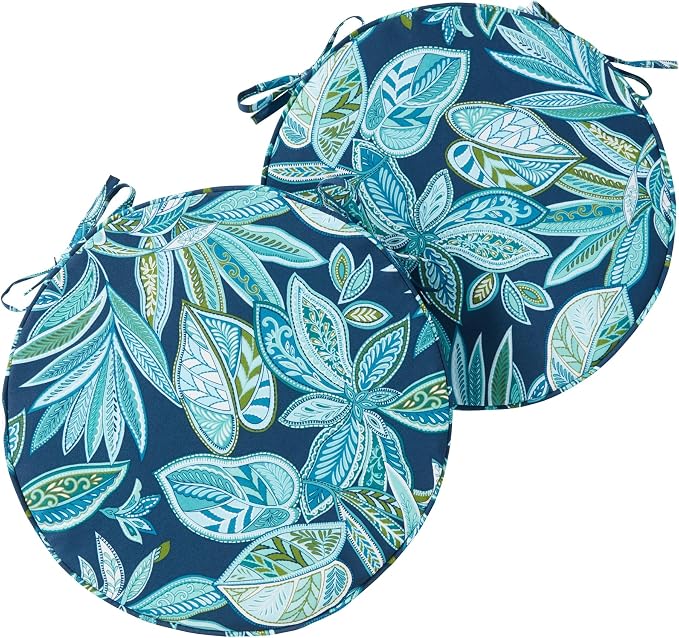 Set of 2 Outdoor 18 inch Round Patio Dining Chair Pads – Comfortable Fiber-Filled Seat Cushions with Ties, Reversible Polyester Fabric, Botanical Crestwood