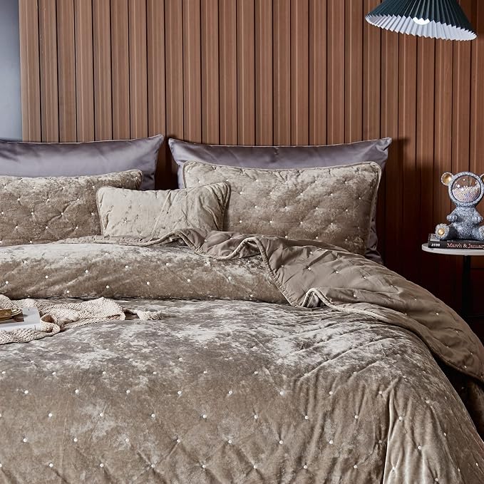 Tache Velvet Dreams Luxurious Velveteen Velour Super Soft Plush Warm Cozy Diamond Tufted Polka Dot Quilted Coverlet Tan Beige Neutral Bedspread Set, Queen