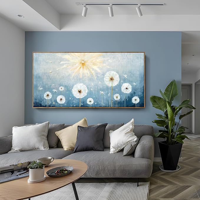 Nicetop Extra Large Framed Artwork for Walls– Giant Blue Floral Wall Picture with Wood Frame Dandelion Flower Plant Canvas Print Landscape Wall Art for Big Living Room,Office or Bedroom, 58x29Inch
