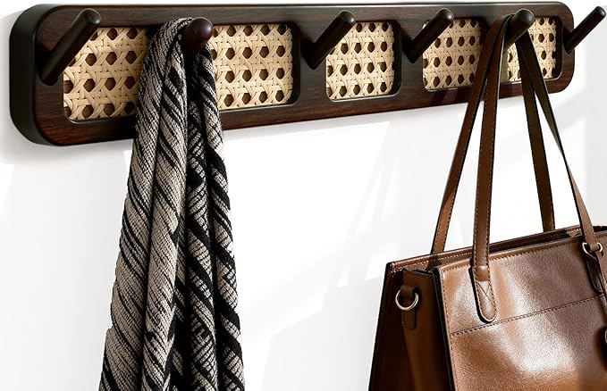 Coat Rack Wall Mount, Rattan Coat Hooks Hanger Wall Mounted | 6 Heavy Duty Bamboo Hooks Rack Rail for entryway Hanging Clothes Hats Bags Jackets Towels Plants,Natural