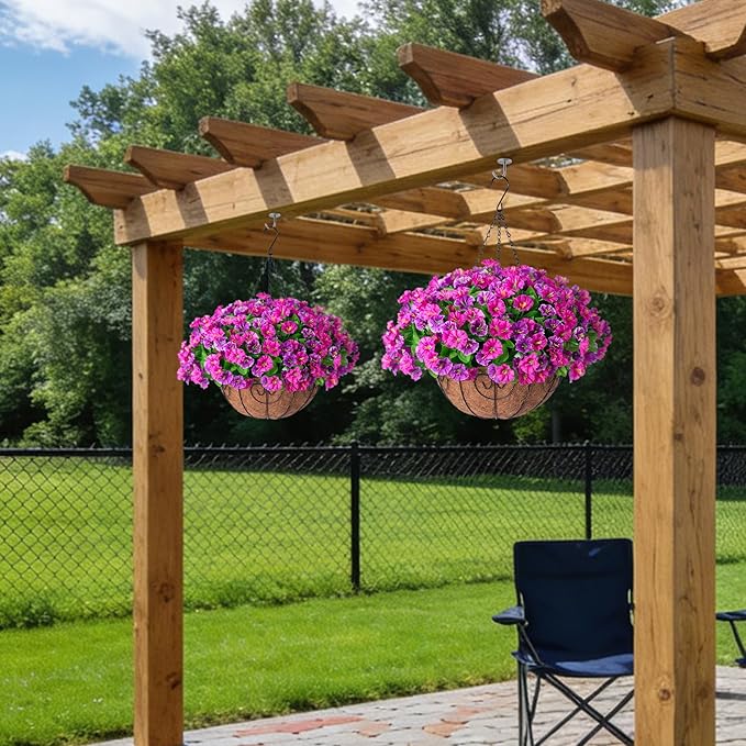 Ammyoo Artificial Hanging Flowers with Basket, Faux Silk Petunias Flower Arrangement, Coconut Lining with Morning Glories Fake Plants Patio Garden Porch Deck Spring Summer Decor(Lotus and Fuchsia)
