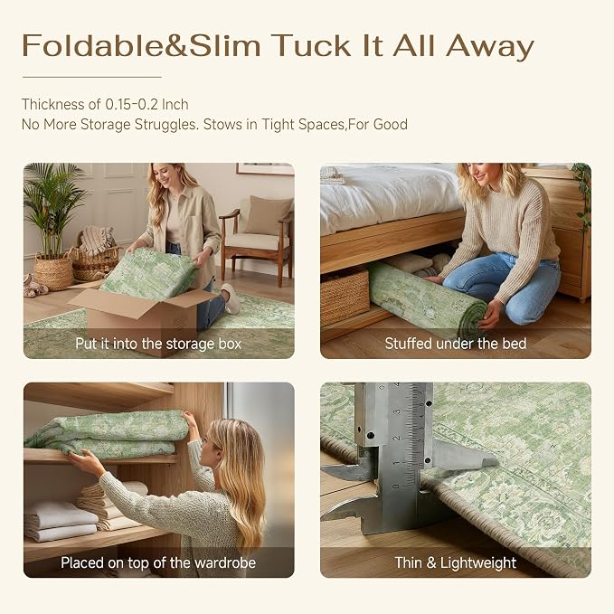 2x6 Green Washable Runner Rug for Kitchen Hallway Neutral Floral Soft Non Slip Rug Low Pile Distressed Carpet for Bathroom Bedroom Indoor Nursery