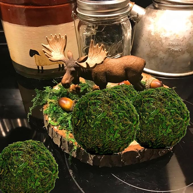 BYHER Natural Green Moss Decorative Ball,Handmade (3.5"-Set of 6)