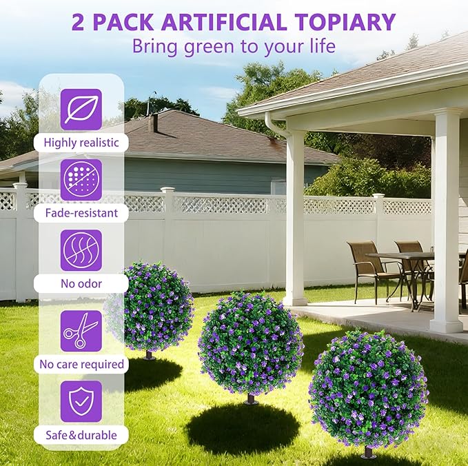 Yangrass Artificial Purple Flower Topiary Ball Trees with Ground Spike, Set of 2 UV Resistant Artificial Shrubs, Fake Evergreen Artificial Plant Bushes for Indoor Outdoor Front Porch Garden