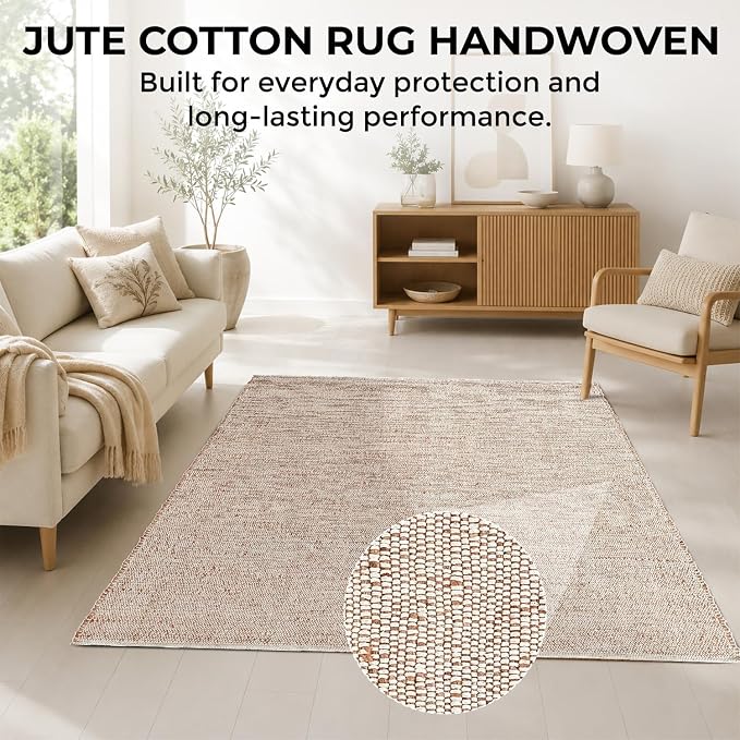 GRUHUM Jute Blend Cotton Area Rug 4'x6' ft Rectangle Hand Woven Natural Farmhouse Rugs for Living Room, Bedroom, Kitchen - Rustic Vintage Bohemian Eco-Friendly Home Décor 4x6 ft Rug Natural