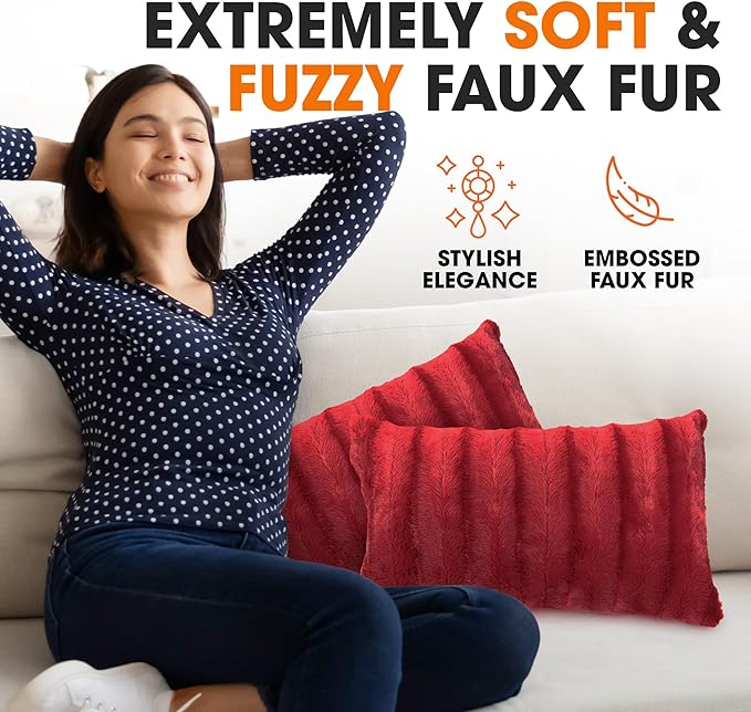 Cheer Collection Faux Fur Throw Pillows - Decorative Pillows for Couch, Bed Throw Pillows, Maroon Accent Pillows for Bedroom or Living Room Aesthetic, Set of 2 Furry Throw Pillows, 12" x 20"