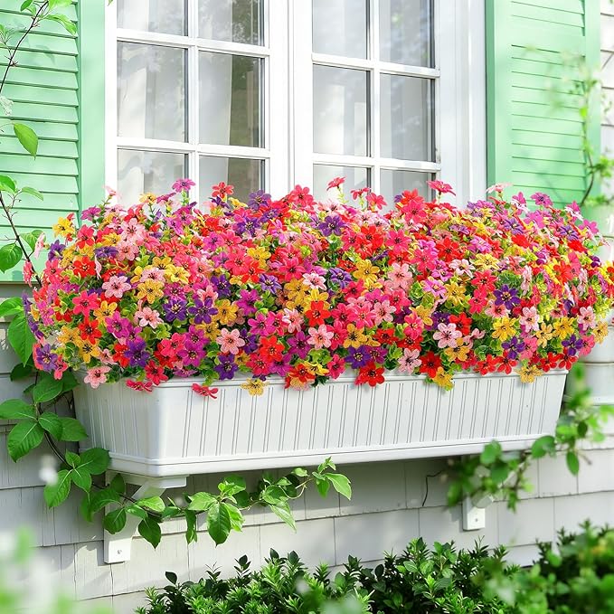 SHareconn 48 Bundles Artificial Flowers for Outdoors Spring Decoration, Fake Silk Realistic Faux Plants UV Resistant for Outside Planter Porch Patio Indoor Decor, RedRosePurpleYellowPinkDeeppurple