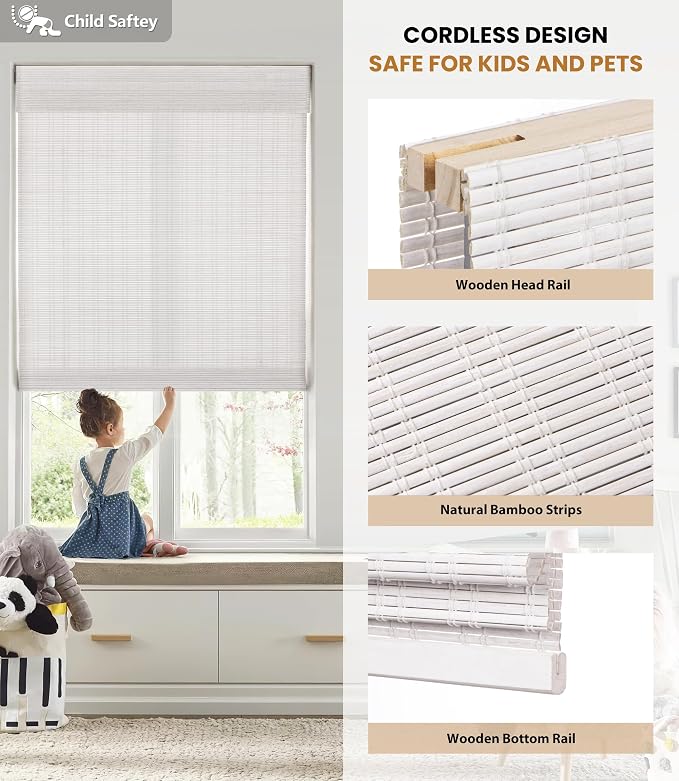 LazBlinds No Drill Bamboo Roman Shades, 47x64, Ceylon Vintage White | Light Filtering Window Treatment, No Tools Cordless Roll Up Bamboo Blinds for Window