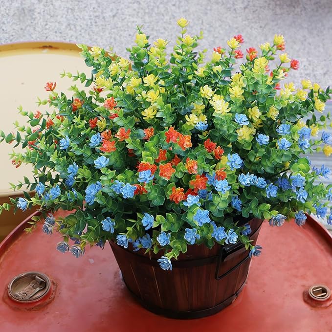 Artificial Flowers Outdoors, 12 Bundles Fake Flowers UV-Anti for Decoration Faux Plastic Plants Garden Porch Window Box Décor, YellowPurpleBlueGreen