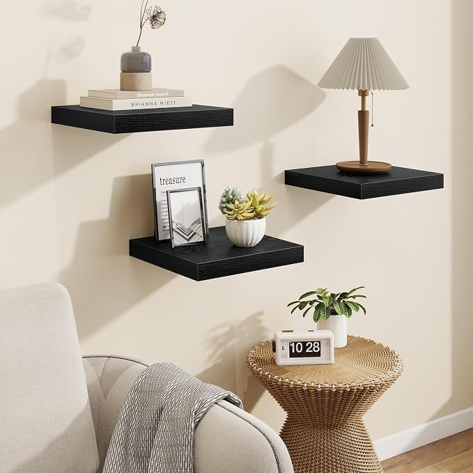 Marsmiles Square Floating Shelves for Wall, 12" W x 12" D x 1.5" H, 3 Pack Small Wall Mounted Engineered Wood Shelves with Invisible Brackets for Living Room, Bedroom, Bathroom, Kitchen Decor, Black