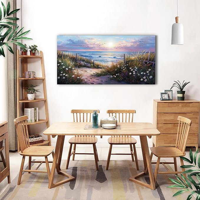 hyidecorart Blue Ocean Artwork Pictures Canvas Wall Art For Living Room Wall Decor For Bedroom Flower Beach Scenery Wall Painting Framed for Office Hotel Wall Decor Modern Posters Home Decorations
