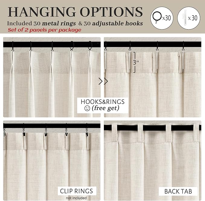 100 Inch Extra Wide Curtains 90 Inch Long Cream Sheer Linen Drapes for Office Large Windows 2 Panels Set, Pinch Pleated Light Filtering Lush Privacy Country Bedroom Curtain for 100"W x 90"L Large Burg