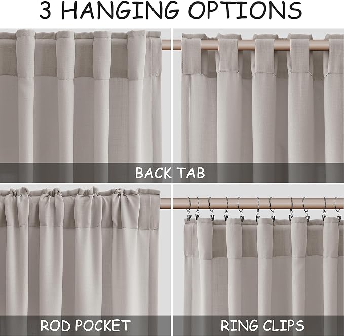 Nanspring Stone Grey Linen Curtains 102 Inches Long for Living Room Simple Modern Light Filtering Semi Sheer Curtain Back Tab and Rod Pocket Neutral Luxury Drapes for Bedroom Office 52x102, 2 Panels
