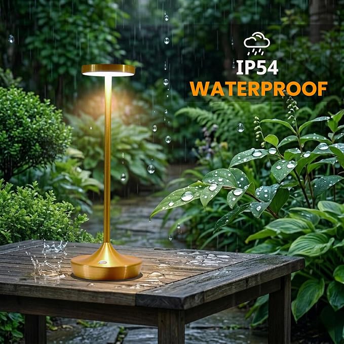 Gold Cordless Table Lamp, Rechargeable 6000mAh Battery LED Desk Lamp, Portable Metal Touch Lamp with 3-Level Dimming, Waterproof Light for Restaurant, Dining Table, Patio & Home Decor(Gold)
