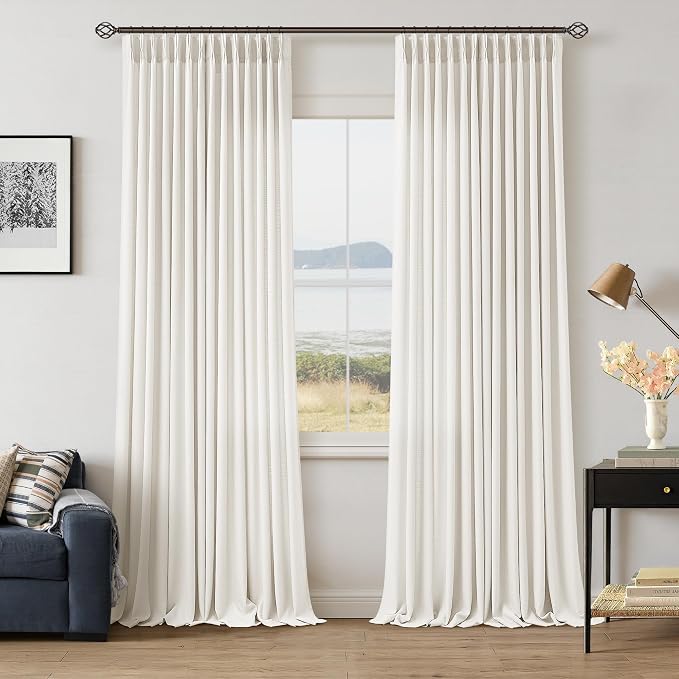 120 Inch Extra Long Ivory Cream Linen Curtains 2 Panels Set for Living Room, Memory Trained Pinch Pleated Ceiling Drapes with Back Tab Birch Light Filtering Semi Sheer Off White Window Curtains