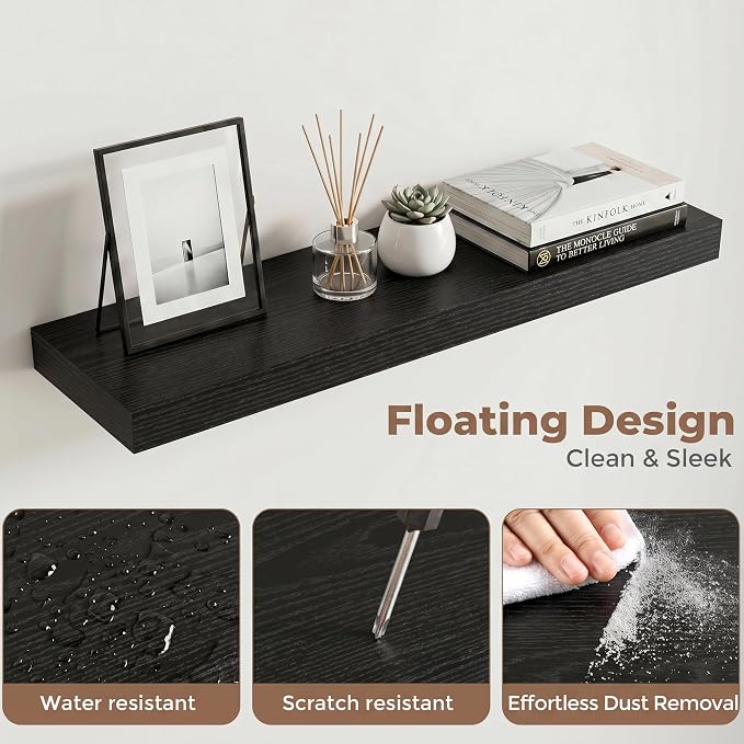 30 Inch Floating Shelves for Wall, 8"D Wood Storage Shelves, Black Finish | Engineered Wood, Invisible Bracket, Large Storage, Easy Install, Hold Up to 44lbs, Living Room, Bathroom, Bedroom, Kitchen