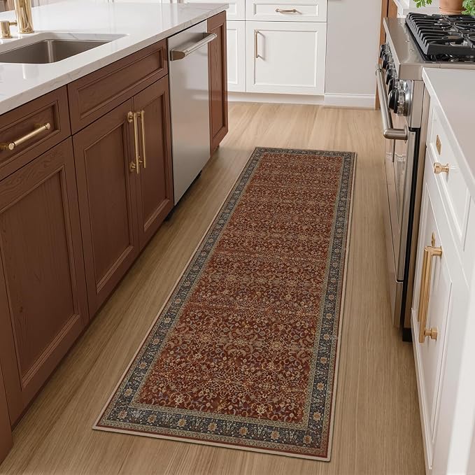 2x6 Washable Runner Rug Non Slip, Old Money Aesthetic Carpet Runners for Hallway Kitchen 6ft Vintage, Low Pile Thin Print Entryway Runner for Bathroom Mudroom Bedroom, Deep Burnt Orange