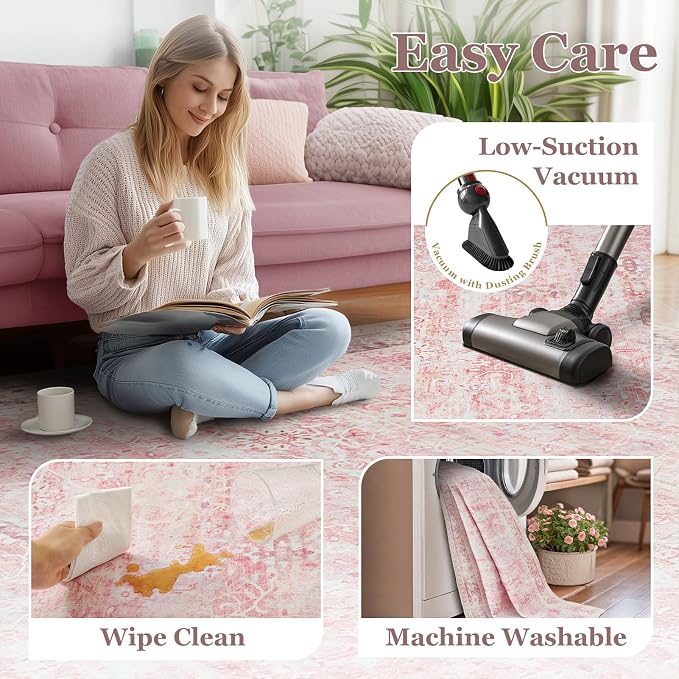 Pink Rug for Living Room 6x9, Aesthetic Distressed Area Rugs for Bedroom Girls Non Slip, Washable Low Pile Thin Carpet Rugs for Nursery Kids Baby Room Dorm, Playroom Rug Dining Room