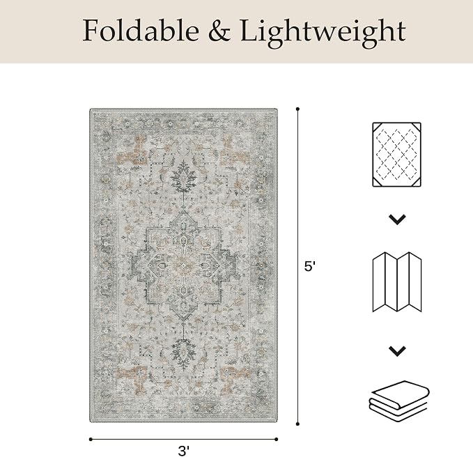 GENIMO Outdoor & Indoor Area Rug 3'x 5', Waterproof, Non-Shedding, Easy Cleaning, Boho Mat for Patio, Living Room, Balcony, Dining Room, RV, Deck, Bedroom, Camping, Outside Carpet,Light Grey Brown