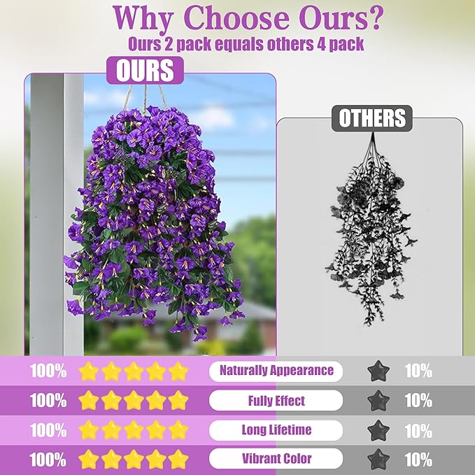 Sggvecsy Artificial Fake Hanging Flowers Plants for Outdoor Outside Spring Summer Decoration 4PCS Faux Silk UV Resistant Realistic Morning Glory Trailing Vines for Home Porch Patio Balcony(Purple)