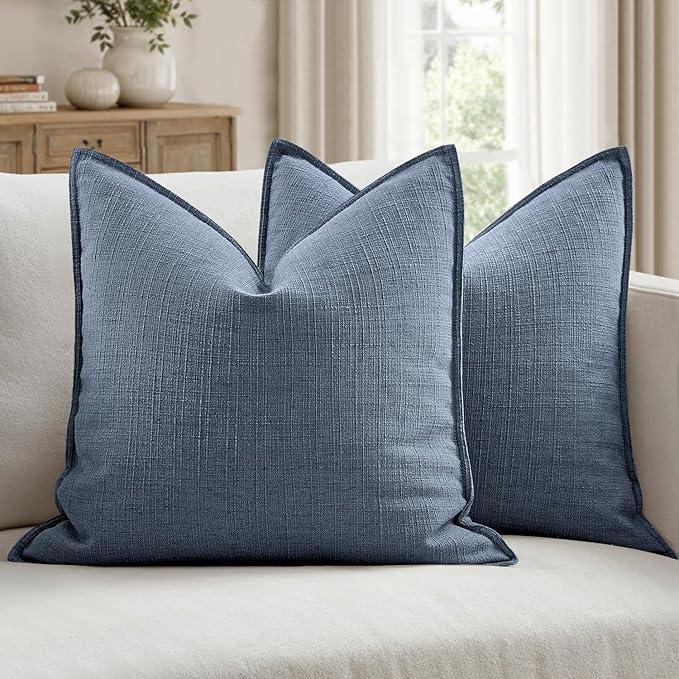 MIULEE Euro Sham Pillow Covers for Bed 24x24, 2 Pack Blue Thick & Textured Decorative Throw Pillow Covers, Neutral Linen Cushion Cases, Modern Farmhouse Home Decor, No Filling