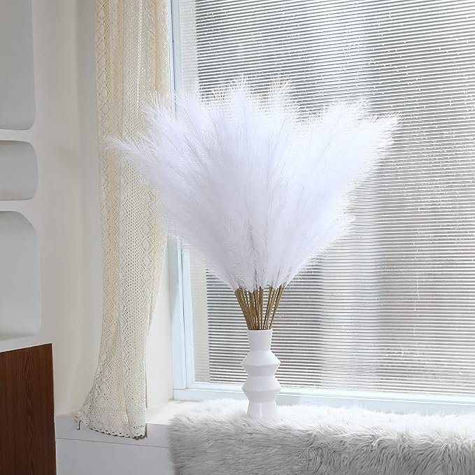 Wertuirk 8 Pcs 45 inch Tall Faux Pampas Grass Decor, Large Artificial White Pompous Grass Bulk, Long Fake Pompas for Floor Vase Filler, Wedding, Baby Shower, Home and Boho Decor (White)